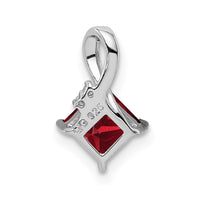 Sterling Silver Rhodium Plated Diamond & Garnet Square Pendant