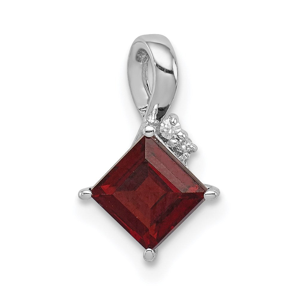 Sterling Silver Rhodium Plated Diamond & Garnet Square Pendant