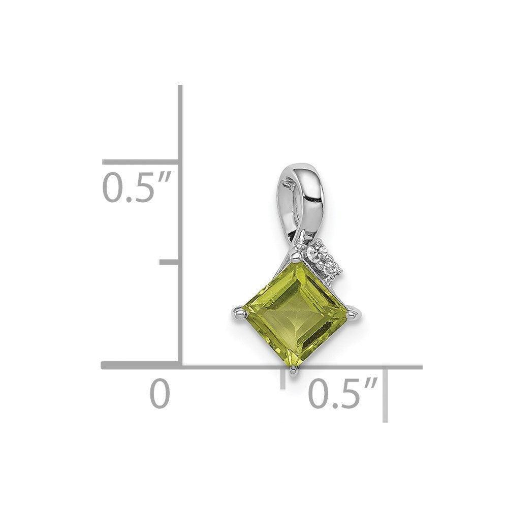 Sterling Silver Rhodium Plated Diamond and Peridot Square Pendant