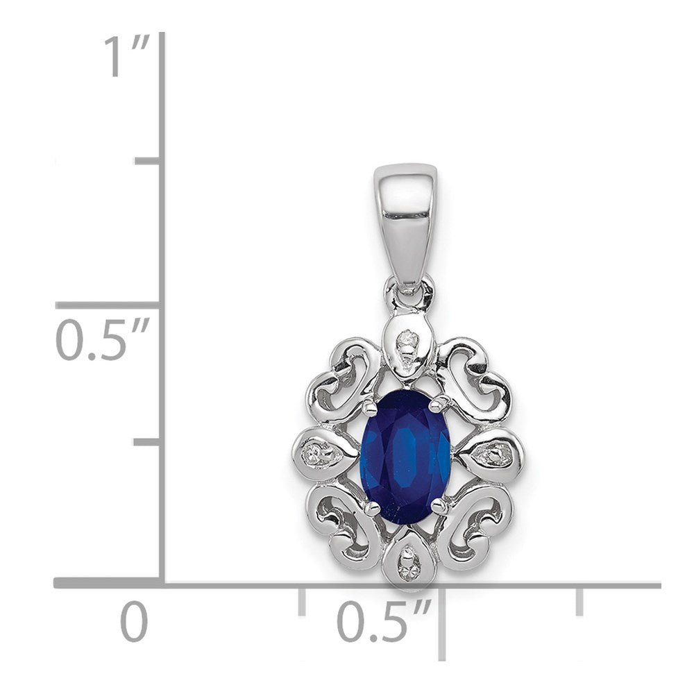 Sterling Silver Rhodium Plated Diamond & Sapphire Oval Pendant