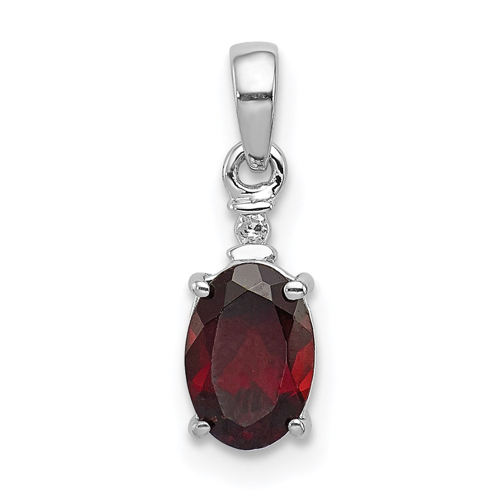 Sterling Silver Rhodium Plated Diamond & Garnet Oval Pendant