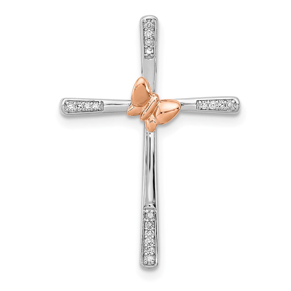 Sterling Silver Rh-pltd/14k Rose Gold Butterfly Diamond Cross Pendant