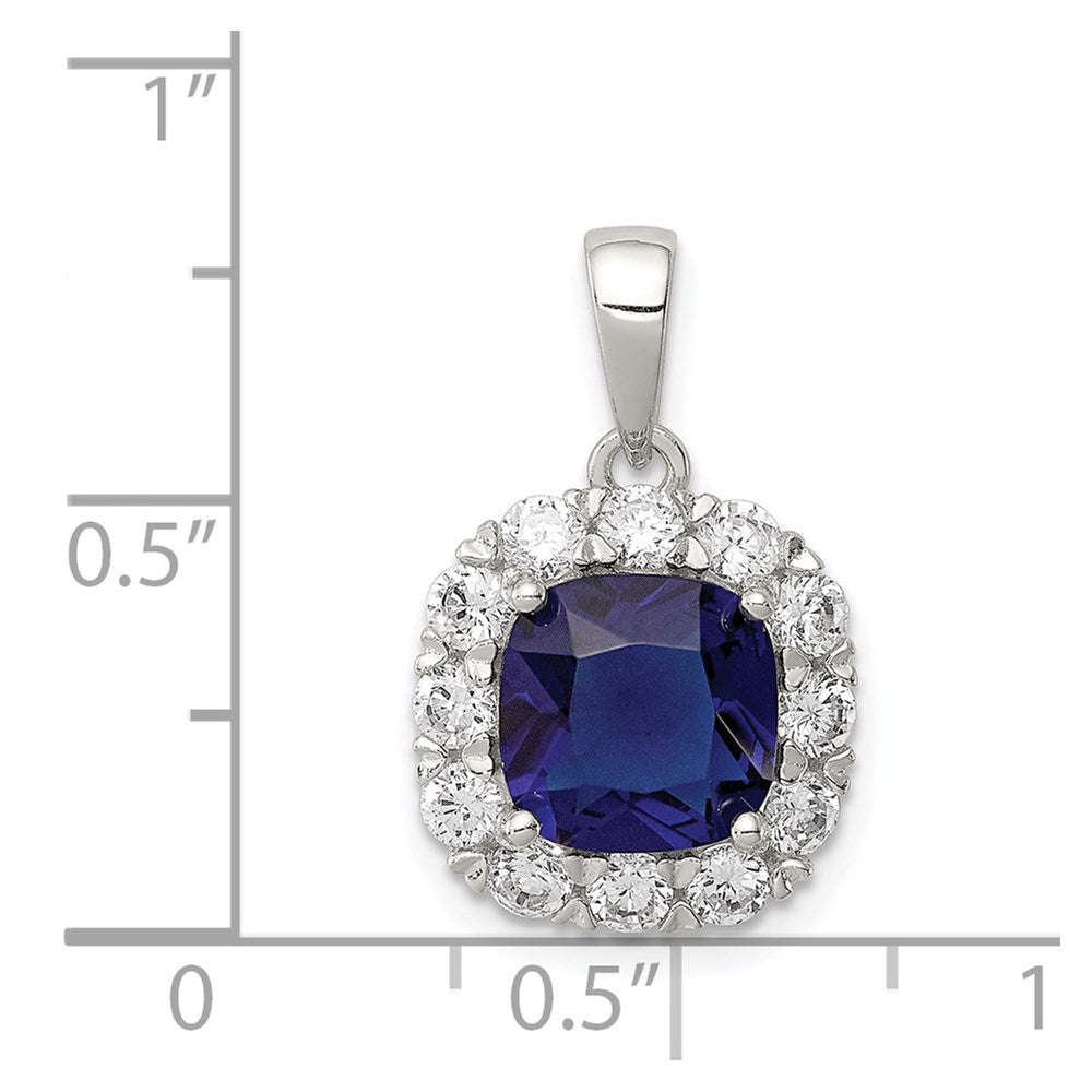 Sterling Silver Rhodium-plated CZ and Blue Glass Pendant