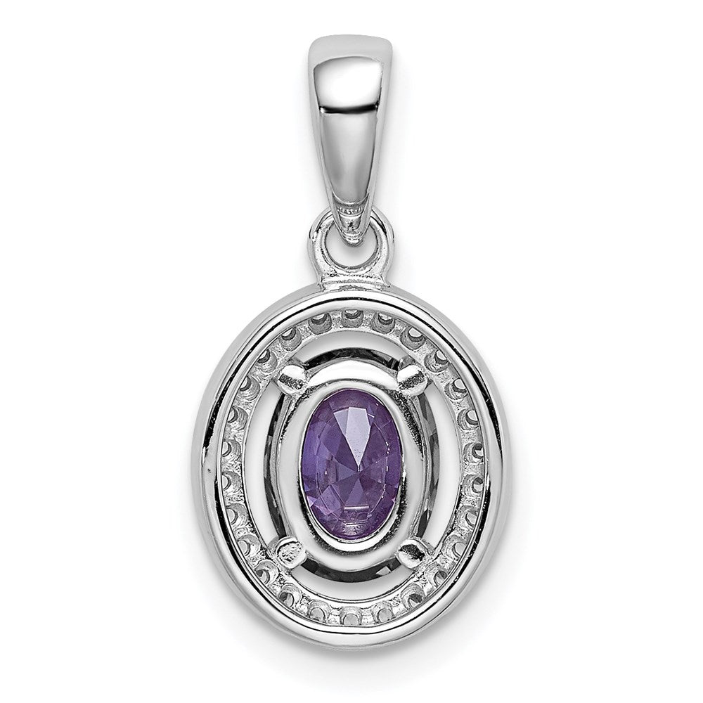 Sterling Silver Rhod-plated w/ Purple and White CZ Oval Pendant