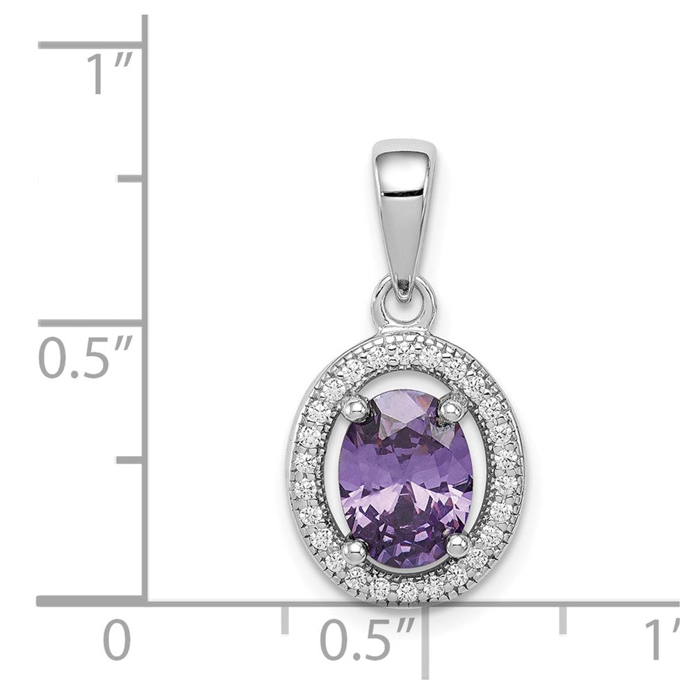 Sterling Silver Rhod-plated w/ Purple and White CZ Oval Pendant