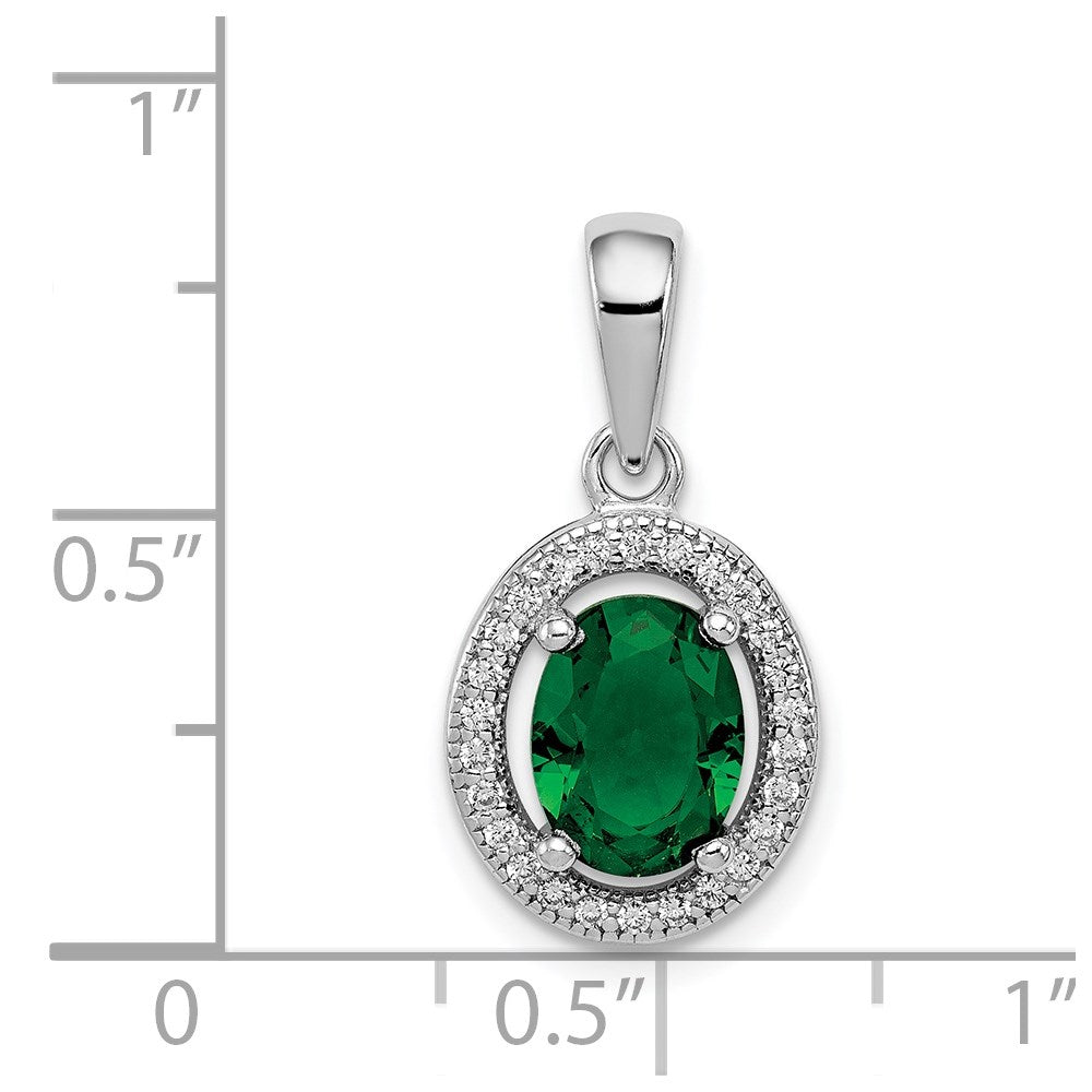 Sterling Silver Rhod-plated w/ Green and White CZ Oval Pendant