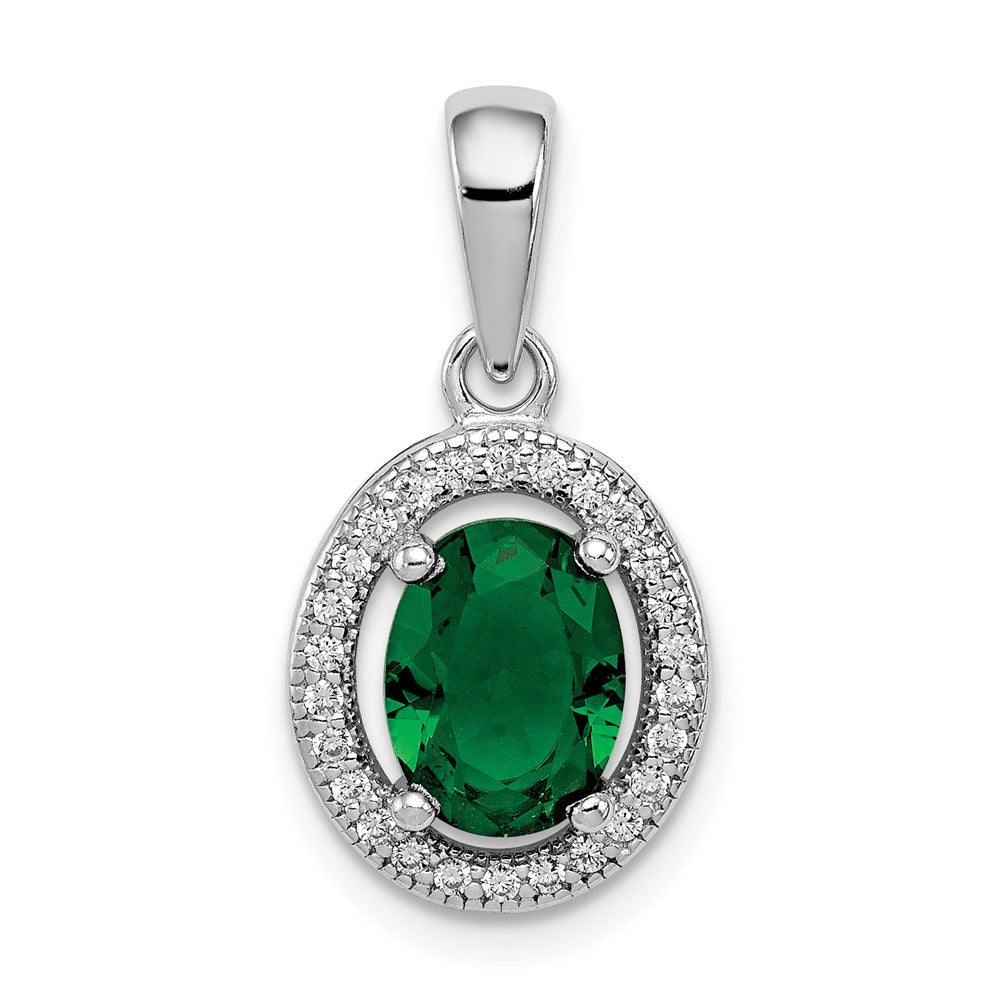 Sterling Silver Rhod-plated w/ Green and White CZ Oval Pendant