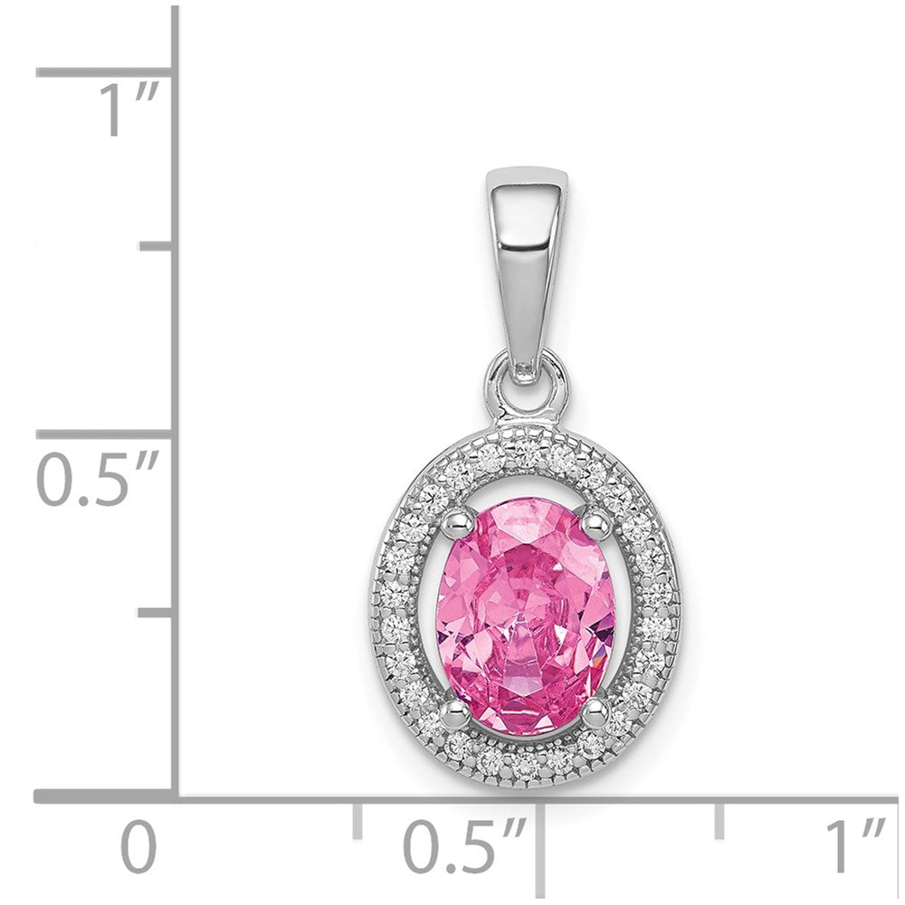 Sterling Silver Rhod-plated Pink and White CZ Oval Pendant