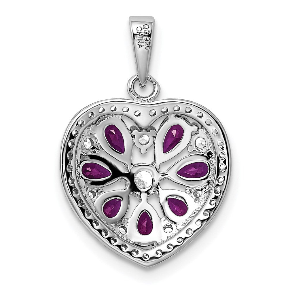 Sterling Silver Rhodium-plated Polished CZ and Lab Cr. Ruby Heart Pendant