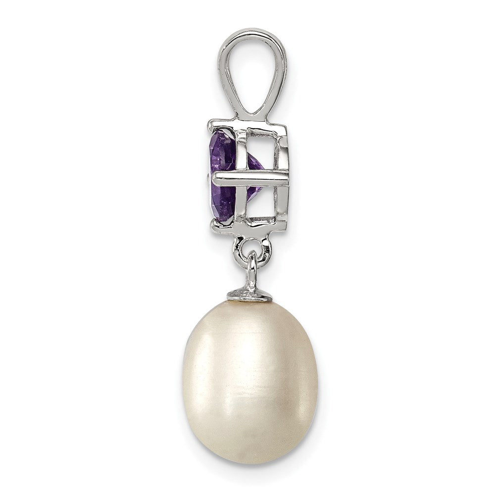 Sterling Silver Rhodium-plated Amethyst 8-9mm FWC Pearl Teardrop Pendant