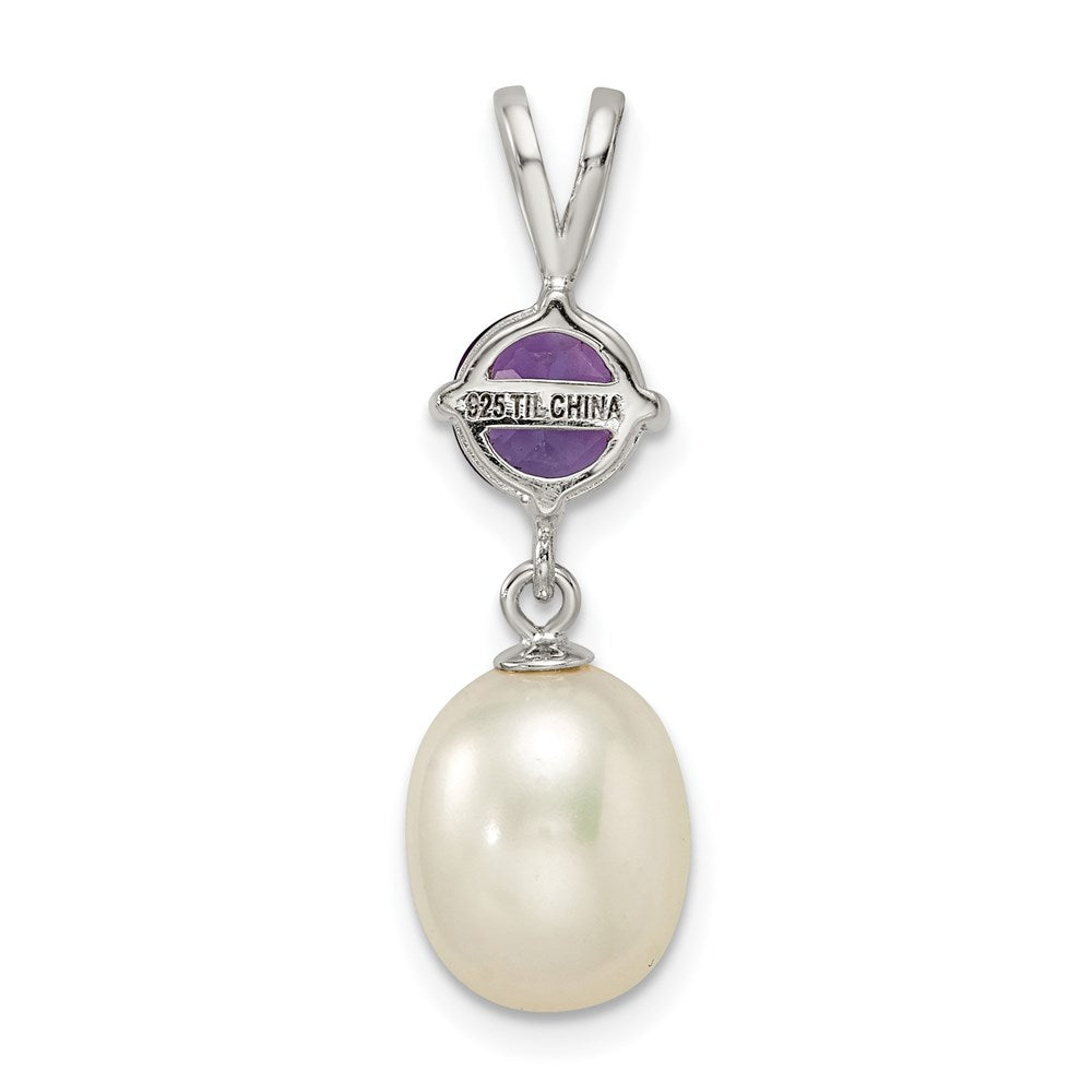 Sterling Silver Rhodium-plated Amethyst 8-9mm FWC Pearl Teardrop Pendant