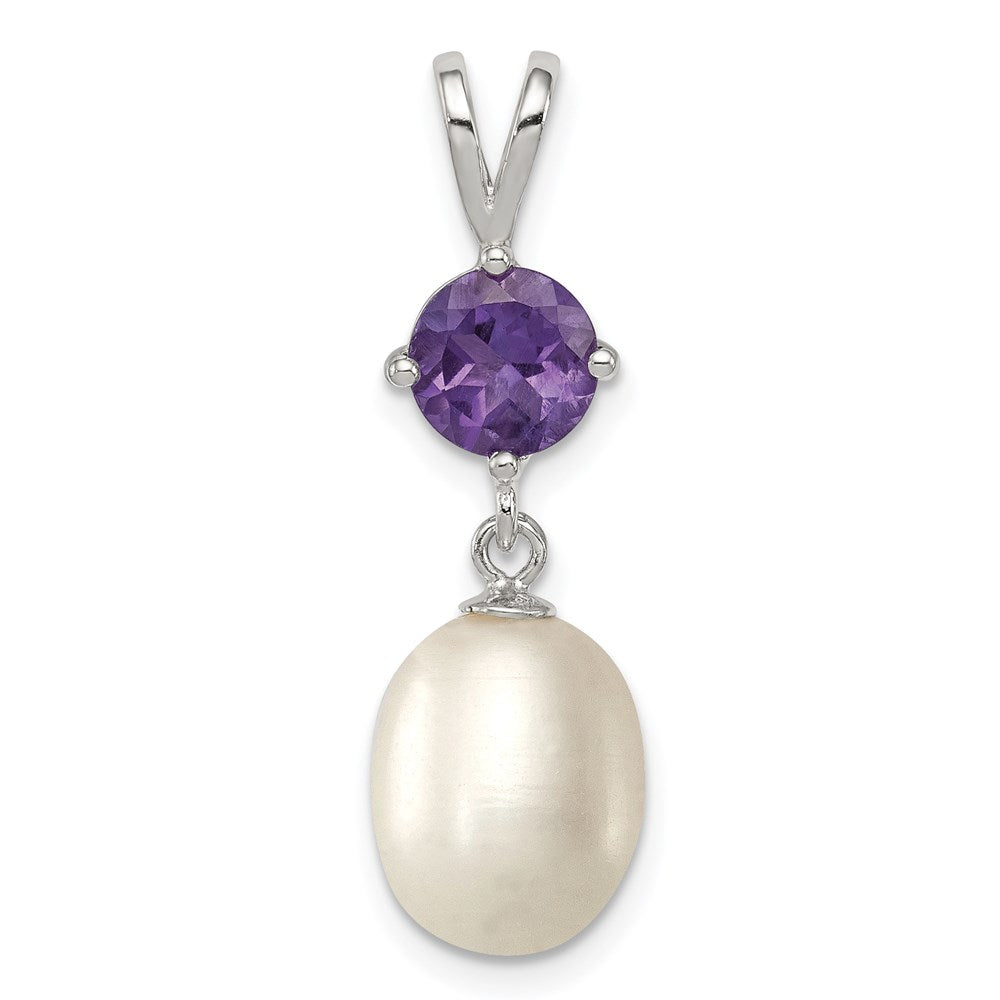 Sterling Silver Rhodium-plated Amethyst 8-9mm FWC Pearl Teardrop Pendant