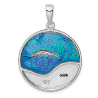 Sterling Silver Rhod-plated Blue Created Opal Dolphins Pendant