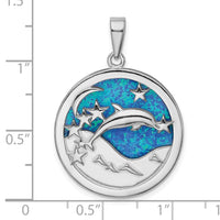 Sterling Silver Rhod-plated Blue Created Opal Dolphins Pendant