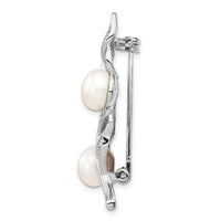 Sterling Silver Rhod-plat 7-8mm White Button FWC Pearl CZ Brooch