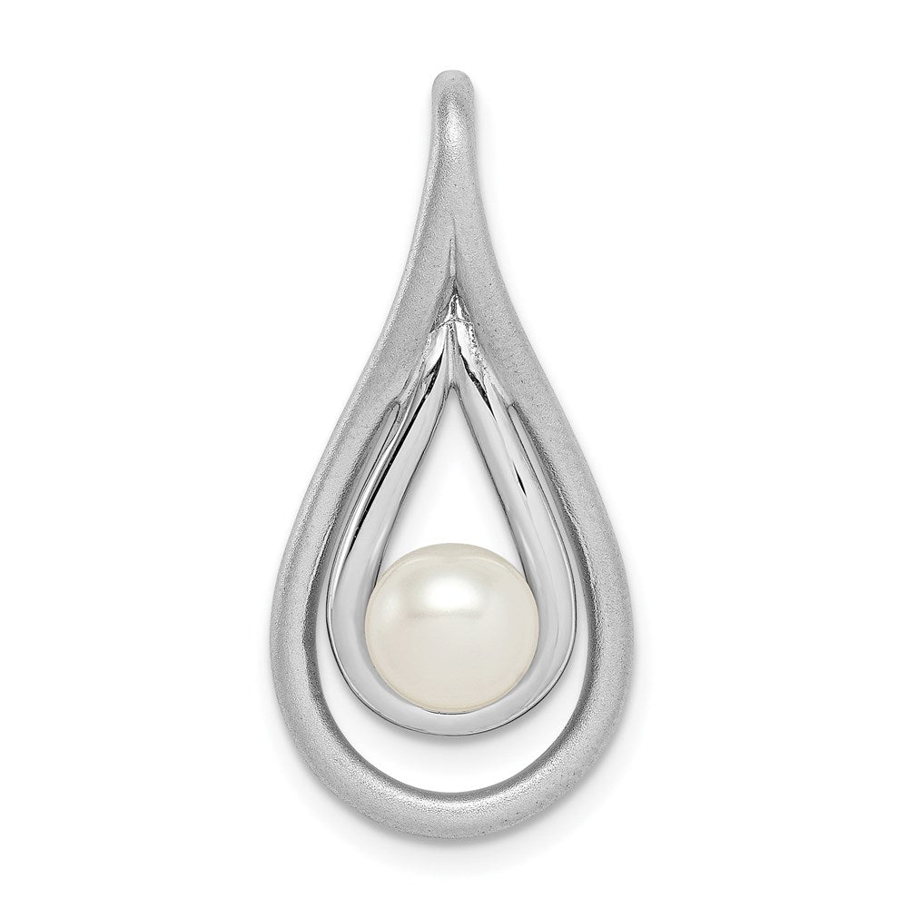 Sterling Silver Rhod-pltd Brushed/Polished 6-7mm FWC Pearl Teardrop Slide