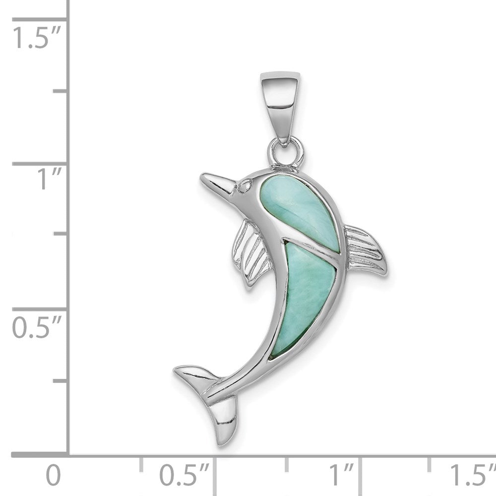 Sterling Silver Rhodium-plated Larimar Dolphin Pendant