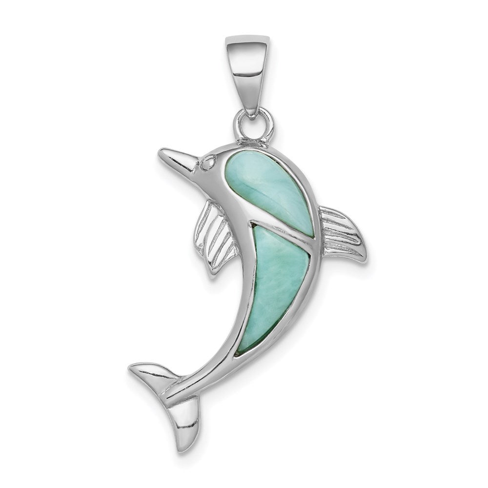 Sterling Silver Rhodium-plated Larimar Dolphin Pendant