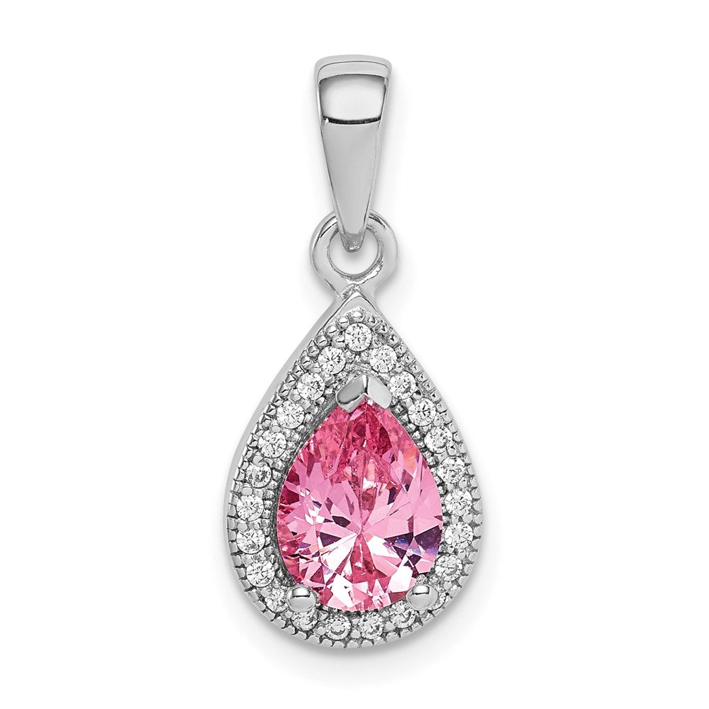Sterling Silver Rhodium Plated Pink and Clear CZ Pendant