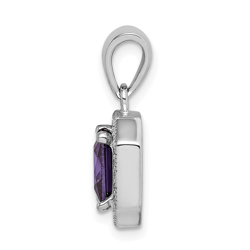 Sterling Silver Rhodium Plated Clear CZ and Square Purple CZ Pendant