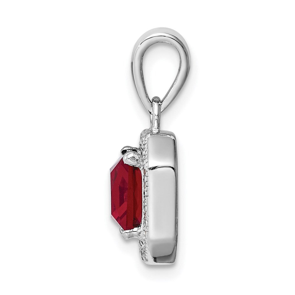 Sterling Silver Rhodium Plated Clear CZ and Square Red CZ Pendant