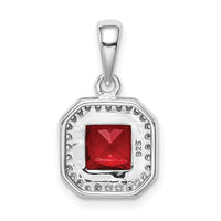 Sterling Silver Rhodium Plated Clear CZ and Square Red CZ Pendant