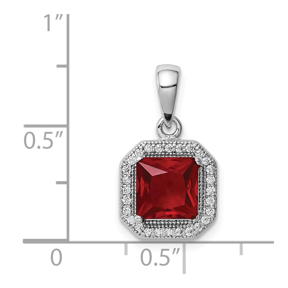 Sterling Silver Rhodium Plated Clear CZ and Square Red CZ Pendant