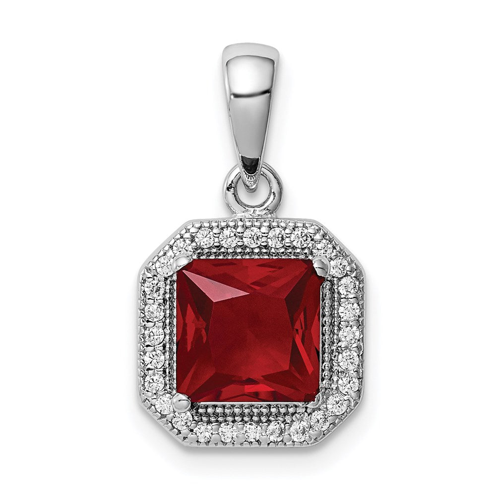 Sterling Silver Rhodium Plated Clear CZ and Square Red CZ Pendant