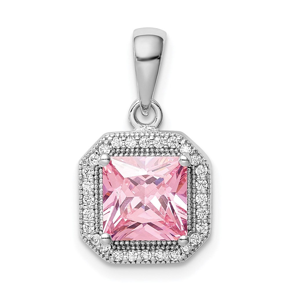 Sterling Silver Rhodium Plated Clear CZ and Square Pink CZ Pendant