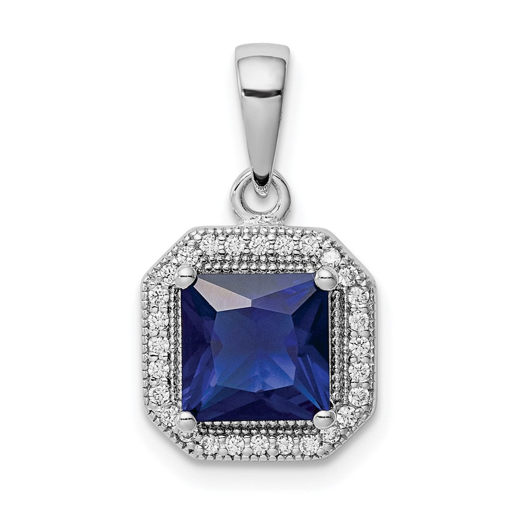 Sterling Silver Rhodium Plated Clear CZ and Square Blue CZ Pendant