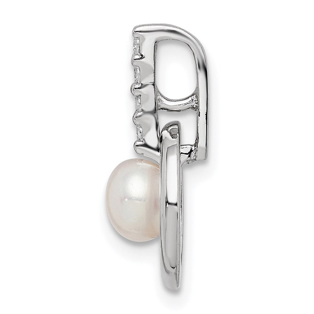 Sterling Silver Rhodium-plated Circle w/CZ (5-6mm) Button FWC Pearl Slide