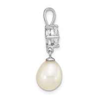 Sterling Silver Rhod-plated White Topaz 8-10mm Teardrop FWC Pearl Pendant