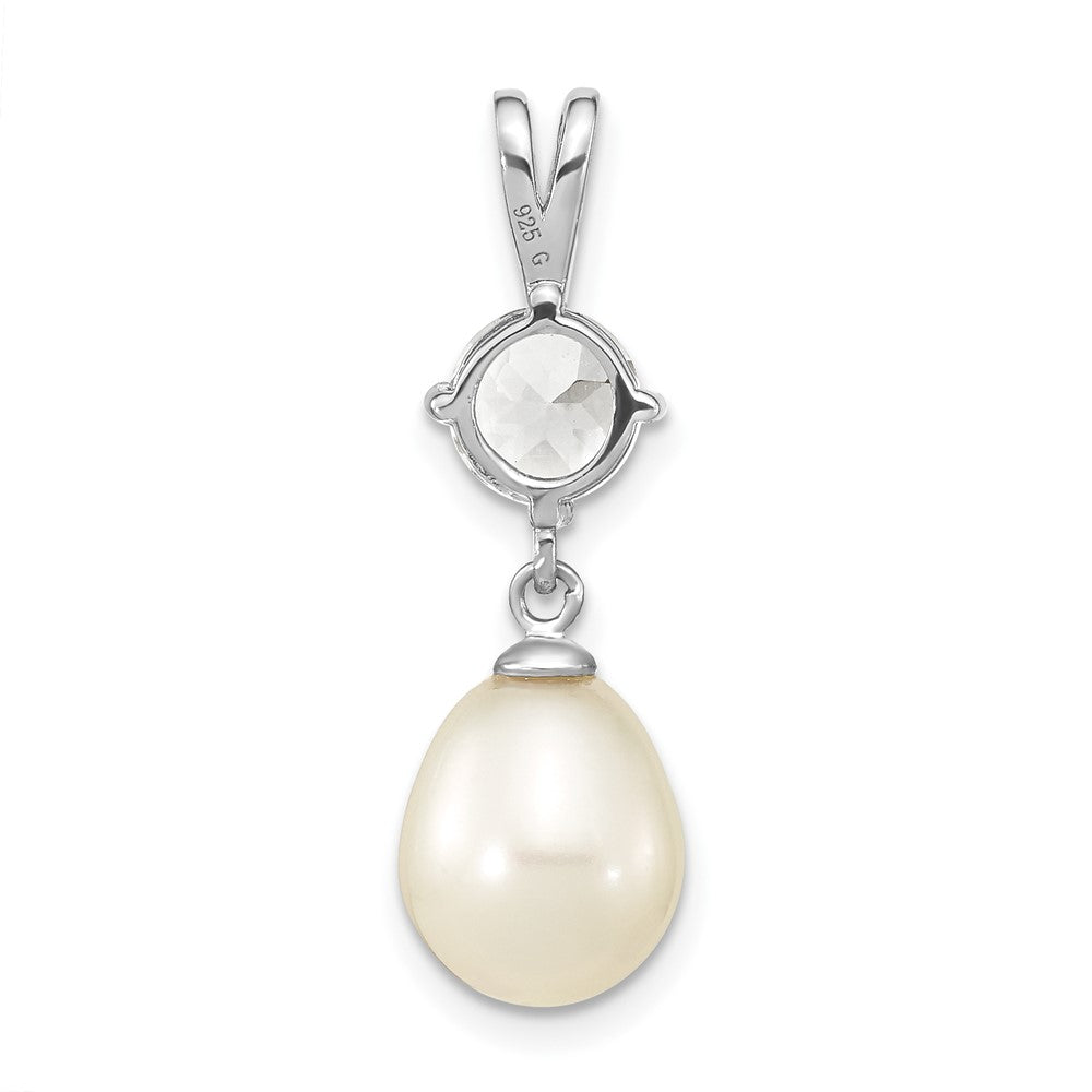 Sterling Silver Rhod-plated White Topaz 8-10mm Teardrop FWC Pearl Pendant