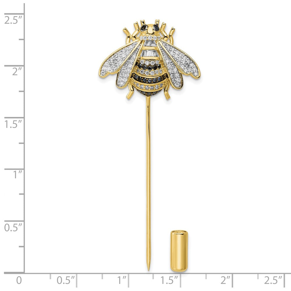Sterling Silver Rhodium-plated Gold Tone Black and Clear CZ Bumblebee Pin