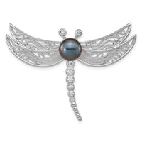 Sterling Silver Rho-pl CZ 8-9mm Black Button FWC Pearl Dragonfly Brooch