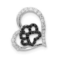 Sterling Silver Bk/Wht CZ Rhod-plated Paw Print Heart Chain Slide