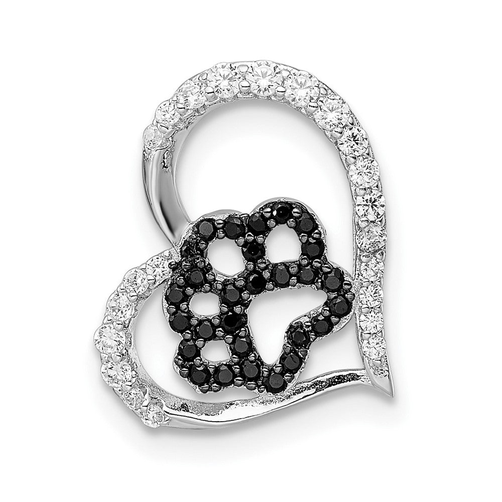 Sterling Silver Bk/Wht CZ Rhod-plated Paw Print Heart Chain Slide