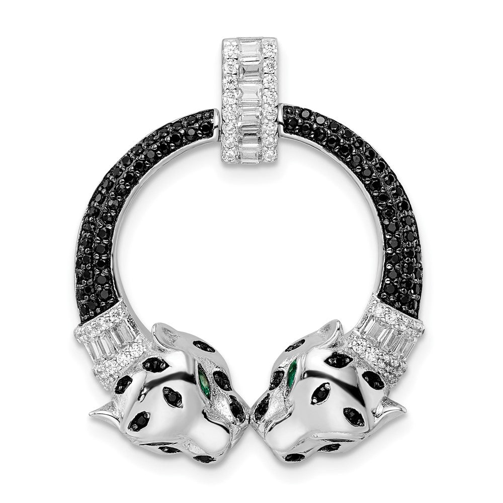 Sterling Silver Rhodium-plated Polished CZ Double Cheetah Head Pendant