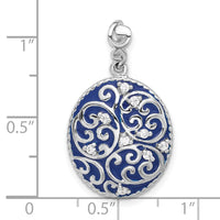 Sterling Silver Rhodium-plated Polished Swirl Blue Enamel CZ Oval Pendant