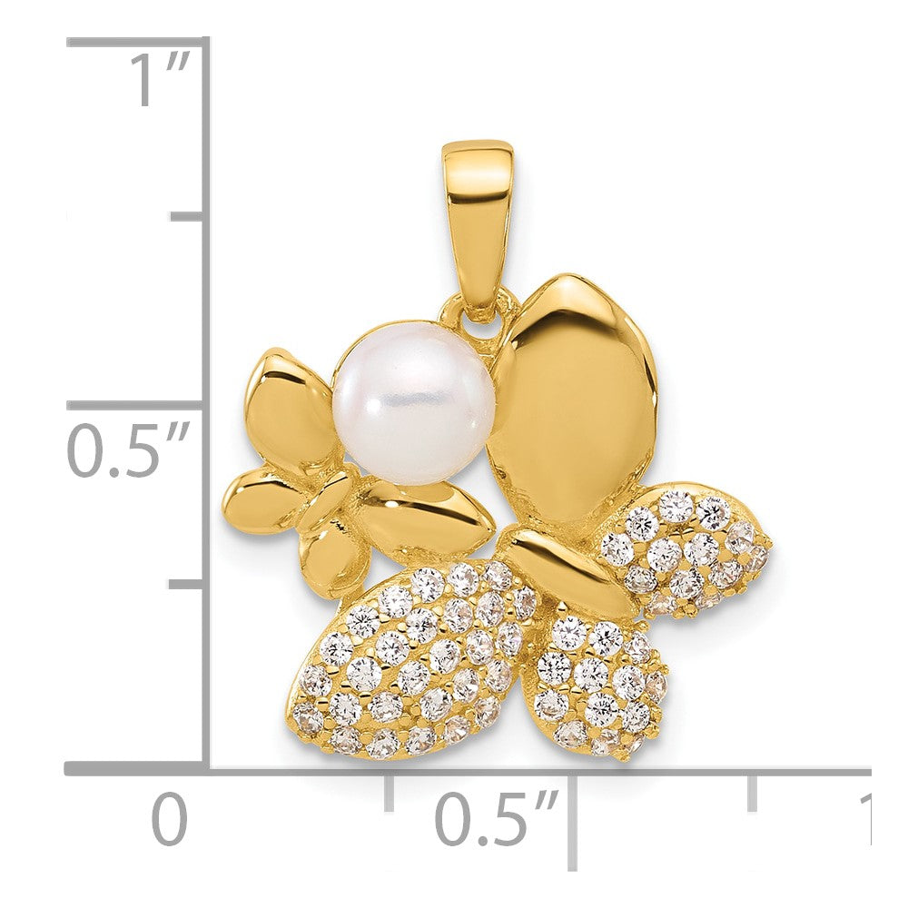 Sterling Silver Gold-plated FWC Pearl and CZ Butterfly Pendants
