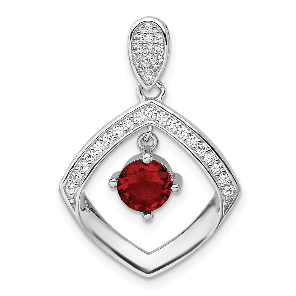 Sterling Silver RH-plated Red Glass & Clear CZ Fancy Square Pendant