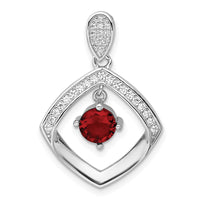 Sterling Silver RH-plated Red Glass & Clear CZ Fancy Square Pendant