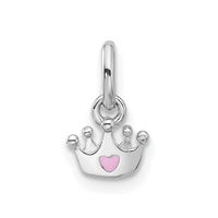 Sterling Silver RH-plated Pink Enameled Heart Crown Petite Pendant