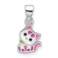 Sterling Silver Rhod-plated Multi-color Enameled Cat Petite Pendant