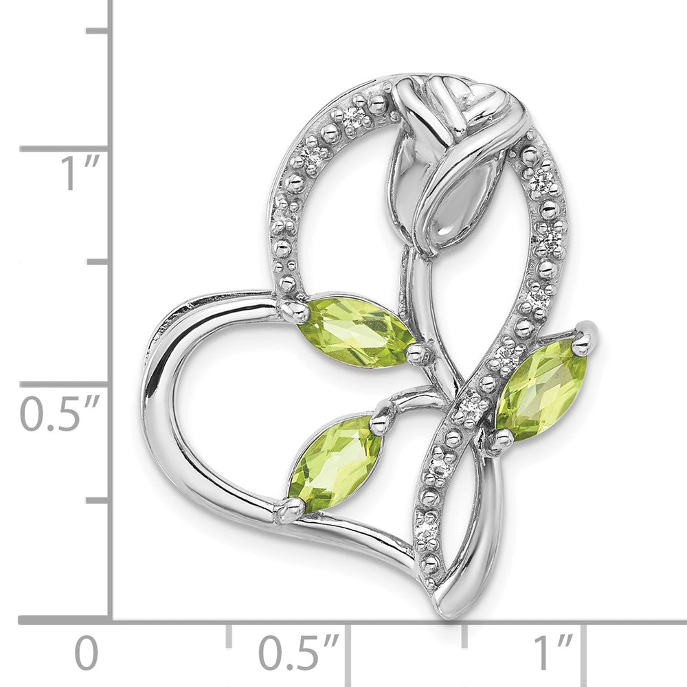 Sterling Silver Rhodium Peridot and White Topaz Rose Heart Chain Slide