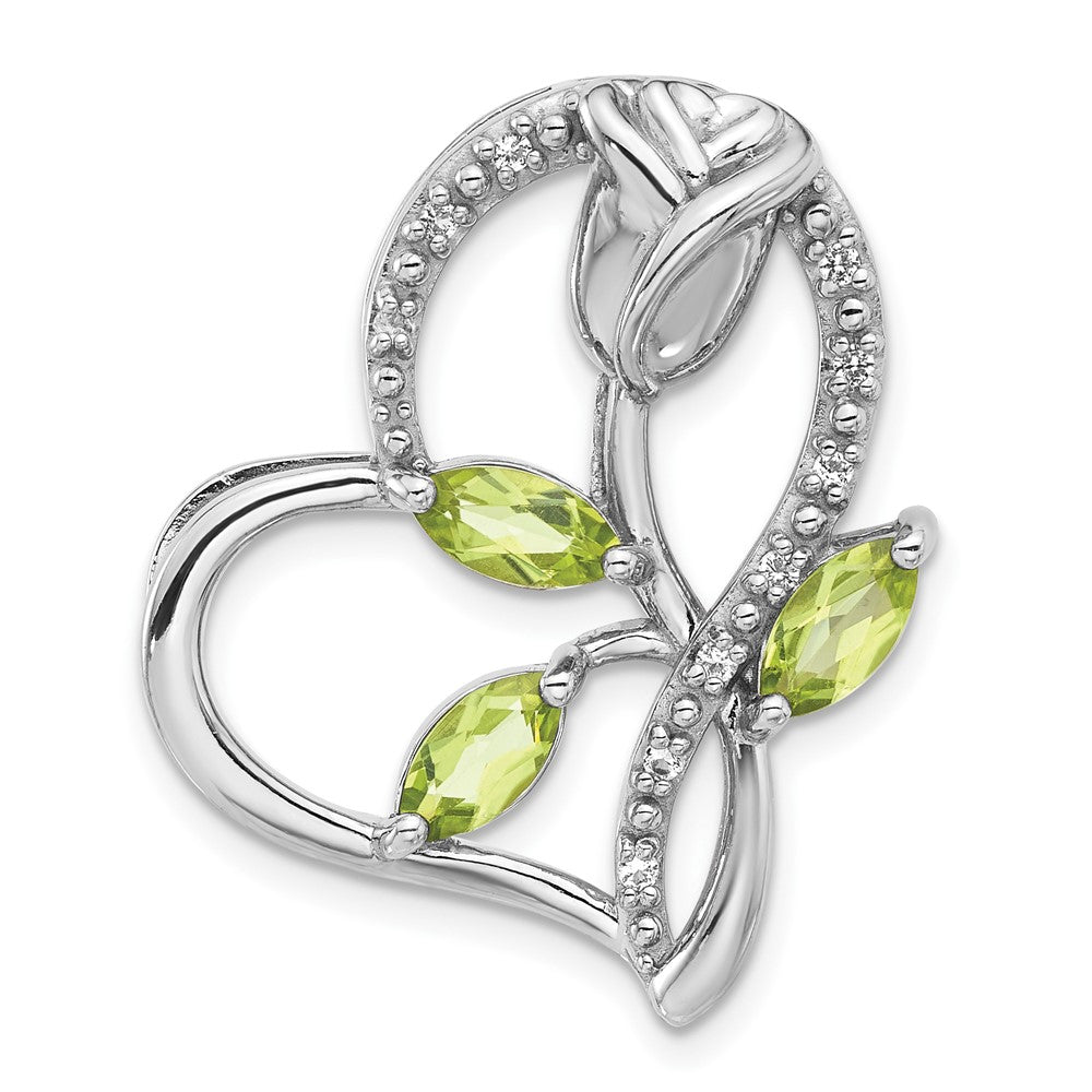 Sterling Silver Rhodium Peridot and White Topaz Rose Heart Chain Slide