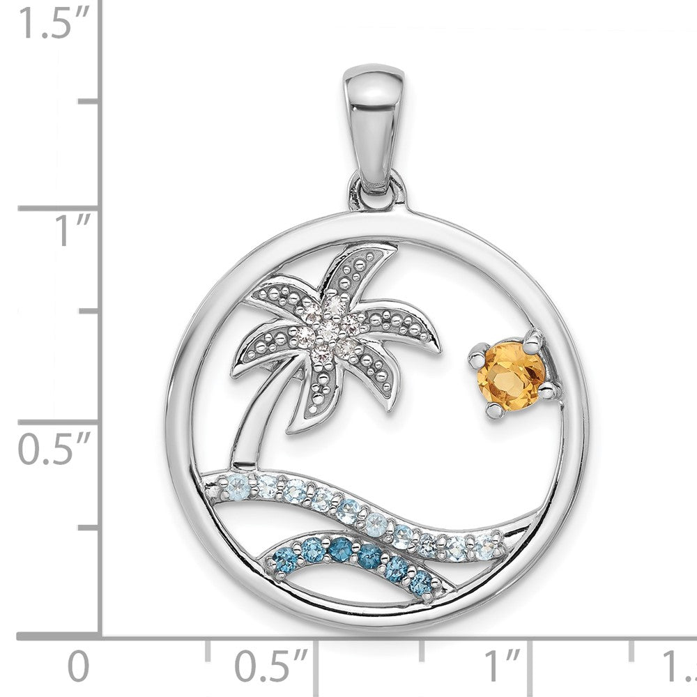 Sterling Silver Rh-plated Rainbow Multi-Gemstone Ocean Palm Tree Pendant