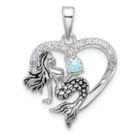 Sterling Silver Rh-plated Antiqued CZ Mermaid Heart Pendant