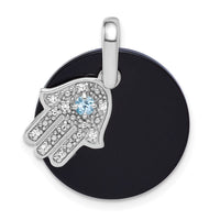 SS RH-plated Polished LSBT CZ and Onyx Hamsa Circle Pendant