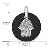 SS RH-plated Polished LSBT CZ and Onyx Hamsa Circle Pendant